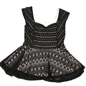 ANTHROPOLOGIE Postage Stamp Sz Med Black Peplum Top Eyelet Sweetheart Neck